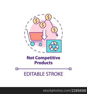Not competitive products concept icon. Circular economy obstacle abstract idea thin line illustration. Green business. Isolated outline drawing. Editable stroke. Arial, Myriad Pro-Bold fonts used. Not competitive products concept icon