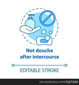 Not douche after intercourse concept icon. Safe sex. Healthy intimate relationship. Female healthcare. Male sexlife idea thin line illustration. Vector isolated outline drawing. Editable stroke