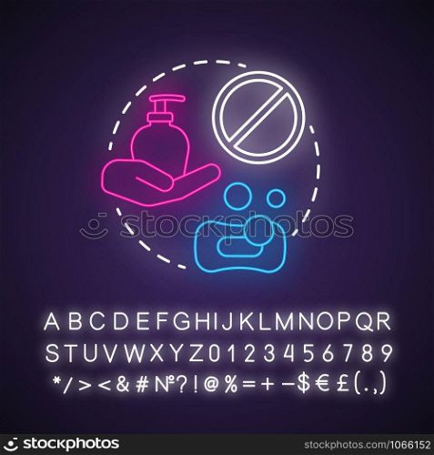 Not douche after intercourse neon light concept icon. Safe sex. Intimate relationship. Female, male healthcare idea. Glowing sign with alphabet, numbers and symbols. Vector isolated illustration