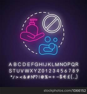 Not douche after intercourse neon light concept icon. Safe sex. Intimate relationship. Female, male healthcare idea. Glowing sign with alphabet, numbers and symbols. Vector isolated illustration