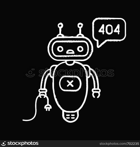 Not found error chatbot chalk icon. Talkbot with error 404 in chat box. Website error page online assistant. Modern robot. Isolated vector chalkboard illustration. Not found error chatbot chalk icon