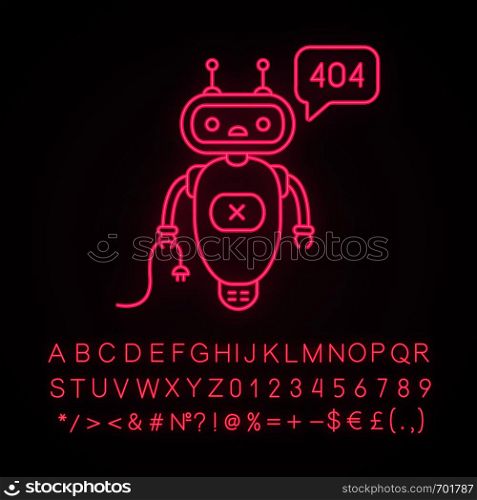 Not found error chatbot neon light icon. Talkbot with error 404 in chat box. Online assistant. Modern robot. Glowing sign with alphabet, numbers and symbols. Vector isolated illustration. Not found error chatbot neon light icon