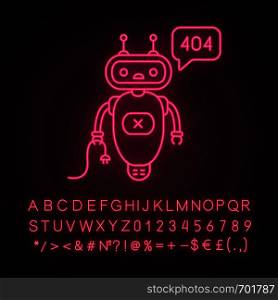 Not found error chatbot neon light icon. Talkbot with error 404 in chat box. Online assistant. Modern robot. Glowing sign with alphabet, numbers and symbols. Vector isolated illustration. Not found error chatbot neon light icon
