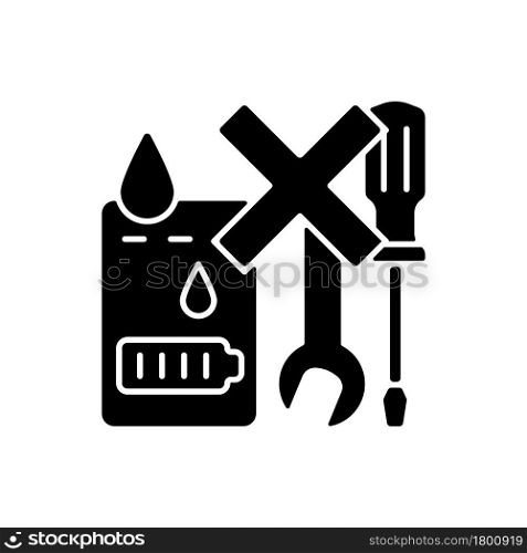 Not serviceable if exposed to liquids black glyph manual label icon. Swollen charger. Short-circuiting risk. Silhouette symbol on white space. Vector isolated illustration for product use instructions. Not serviceable if exposed to liquids black glyph manual label icon