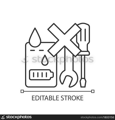 Not serviceable if exposed to liquids linear manual label icon. Thin line customizable illustration. Contour symbol. Vector isolated outline drawing for product use instructions. Editable stroke. Not serviceable if exposed to liquids linear manual label icon
