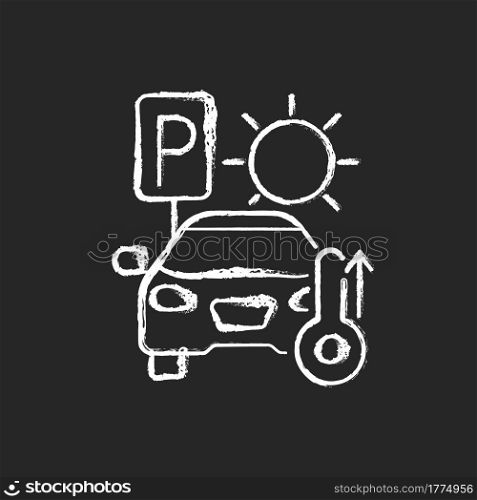 Not staying in parked car chalk white icon on dark background. High temperature in automobile on parking. Heatstroke prevention during summer heatwave. Isolated vector chalkboard illustration on black. Not staying in parked car chalk white icon on dark background