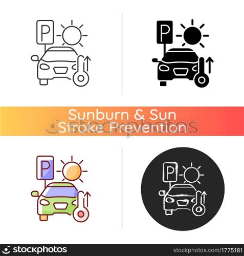 Not staying in parked car icon. High temperature in automobile on parking. Heatstroke prevention during summer heat wave. Linear black and RGB color styles. Isolated vector illustrations. Not staying in parked car icon