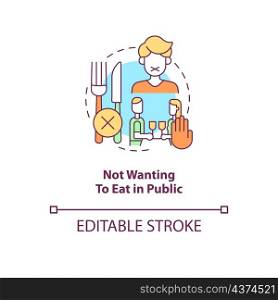Not wanting to eat in public concept icon. Anxiety during dining conversation abstract idea thin line illustration. Isolated outline drawing. Editable stroke. Roboto-Medium, Myriad Pro-Bold fonts used. Not wanting to eat in public concept icon