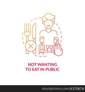 Not wanting to eat in public red gradient concept icon. Meal avoiding. Deipnophobia abstract idea thin line illustration. Isolated outline drawing. Roboto-Medium, Myriad Pro-Bold fonts used. Not wanting to eat in public red gradient concept icon