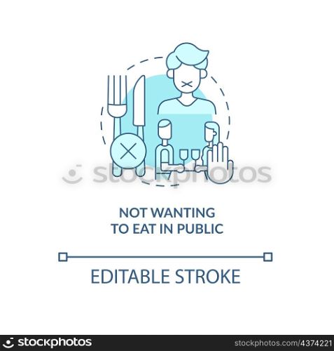 Not wanting to eat in public turquoise concept icon. Anxiety during dinner abstract idea thin line illustration. Isolated outline drawing. Editable stroke. Roboto-Medium, Myriad Pro-Bold fonts used. Not wanting to eat in public turquoise concept icon