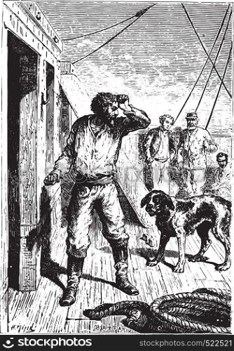 Not without a menacing gesture at the dog had escaped him, vintage engraved illustration.