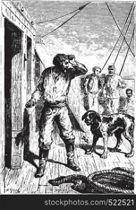 Not without a menacing gesture at the dog had escaped him, vintage engraved illustration.