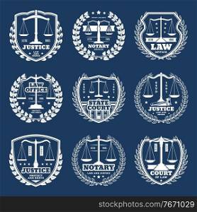 Notarial office vector icons, notary service with scales, shields, judge hammer and court buildings with laurel wreaths. Law and order protect, notarization, wills execution or regulation isolated set. Notarial office vector icons, notary service signs