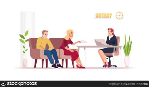 Notary consultation semi flat RGB color vector illustration. Wife and husband visit attorney. Help with documentation. Lawyer with customers isolated cartoon character on white background. Notary consultation semi flat RGB color vector illustration