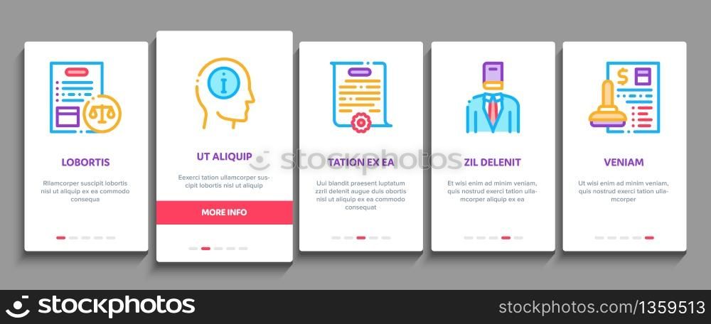 Notary Service Agency Onboarding Mobile App Page Screen Vector. Agreement And Law Research, Document With Stamp And Signature, Notary Service Information Color Contour Illustrations. Notary Service Agency Onboarding Elements Icons Set Vector
