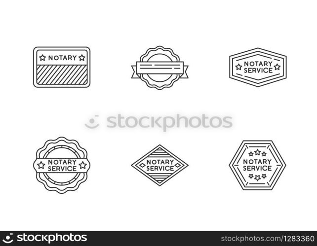 Notary service stamps pixel perfect linear icons set. Validation. Approval, confirmation. Notarization. Customizable thin line contour symbols. Isolated vector outline illustrations. Editable stroke