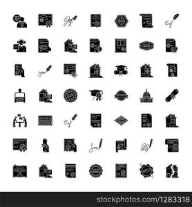 Notary services black glyph icons set on white space. Apostille and legalization. Certificate. Courthouse. Real estate litigation. License. Signature. Silhouette symbols. Vector isolated illustration