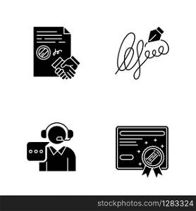 Notary services black glyph icons set on white space. Apostille and legalization. Certificate, license. Signature. Call center. Contract, agreement. Silhouette symbols. Vector isolated illustration