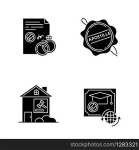 Notary services black glyph icons set on white space. Apostille and legalization. Divorce. Diploma. Real estate litigation. Lease dipute. Wax seal. Silhouette symbols. Vector isolated illustration
