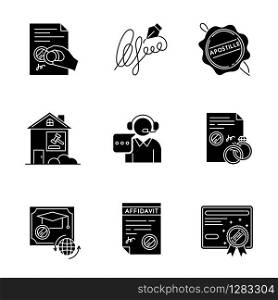 Notary services black glyph icons set on white space. Apostille and legalization. Legal document. Affidavit. Diploma. Signature. Call center. Silhouette symbols. Vector isolated illustration