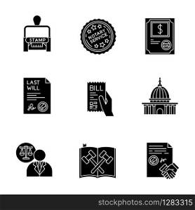 Notary services black glyph icons set on white space. Apostille and legalization. Stock certificate. Supreme court. Legal code. Will. Lawyer. Contract. Silhouette symbols. Vector isolated illustration
