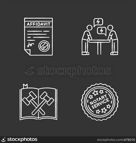 Notary services chalk white icons set on black background. Apostille and document legalization. Affidavit. Legal code. Court statute. Negotiation. Argument. Isolated vector chalkboard illustrations