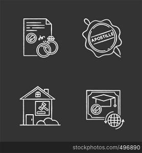 Notary services chalk white icons set on black background. Apostille and legalization. Divorce. Diploma. Real estate litigation. Wax seal. Notarized document. Isolated vector chalkboard illustrations
