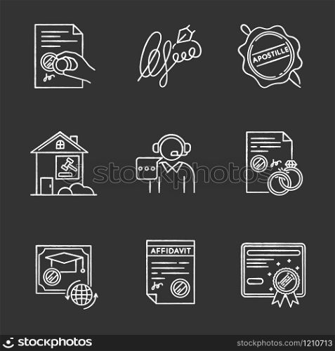 Notary services chalk white icons set on black background. Apostille and legalization. Legal document. Certificate. Litigation. Affidavit. Diploma. Call center. Isolated vector chalkboard illustration