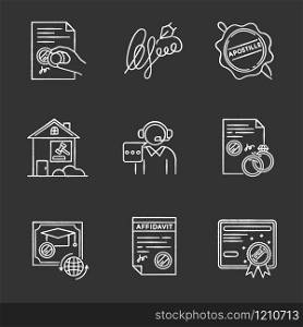Notary services chalk white icons set on black background. Apostille and legalization. Legal document. Certificate. Litigation. Affidavit. Diploma. Call center. Isolated vector chalkboard illustration