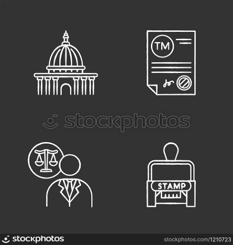 Notary services chalk white icons set on black background. Apostille and legalization. Notarized document. Trademark certificate. Supreme court. Lawyer. Stamp. Isolated vector chalkboard illustrations