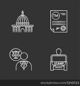 Notary services chalk white icons set on black background. Apostille and legalization. Notarized document. Trademark certificate. Supreme court. Lawyer. Stamp. Isolated vector chalkboard illustrations