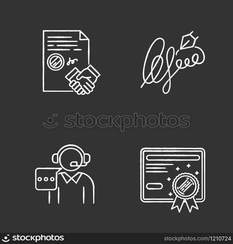 Notary services chalk white icons set on black background. Apostille and legalization. Notarized document. Certificate. Signature. Call center. Contract. Isolated vector chalkboard illustrations