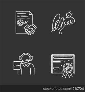 Notary services chalk white icons set on black background. Apostille and legalization. Notarized document. Certificate. Signature. Call center. Contract. Isolated vector chalkboard illustrations