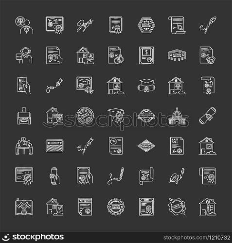 Notary services chalk white icons set on black background. Apostille and legalization. Notarized document. Certificate. Real estate litigation. License. Isolated vector chalkboard illustrations