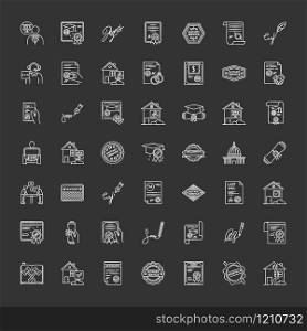 Notary services chalk white icons set on black background. Apostille and legalization. Notarized document. Certificate. Real estate litigation. License. Isolated vector chalkboard illustrations