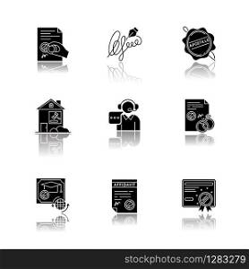 Notary services drop shadow black glyph icons set. Apostille and legalization. Certificate. License. Litigation. Affidavit. Diploma. Signature. Call center. Isolated vector illustration on white space