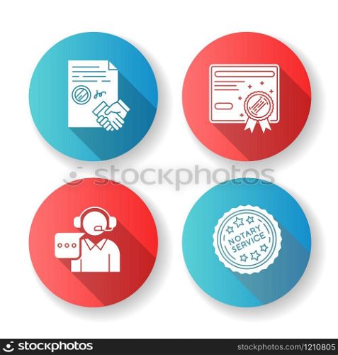 Notary services flat design long shadow glyph icons set. Apostille and legalization. Certificate, license. Stamp. Call center, support. Contract, legal agreement. Silhouette RGB color illustration