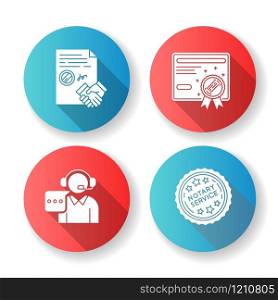 Notary services flat design long shadow glyph icons set. Apostille and legalization. Certificate, license. Stamp. Call center, support. Contract, legal agreement. Silhouette RGB color illustration