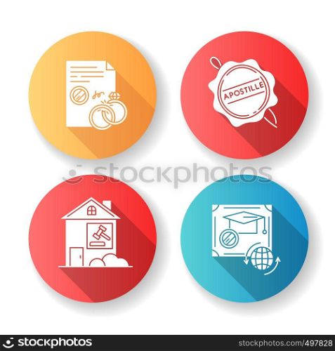 Notary services flat design long shadow glyph icons set. Apostille and legalization. Divorce. Diploma. Real estate litigation. Wax seal. Notarized document. Silhouette RGB color illustration
