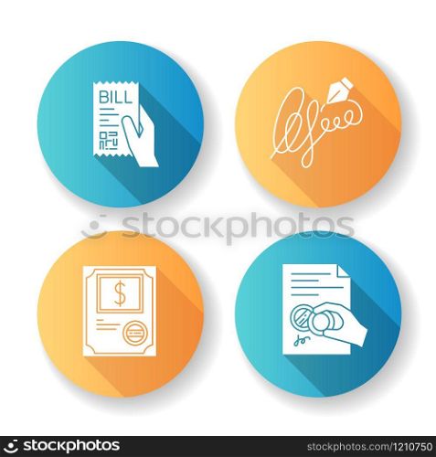 Notary services flat design long shadow glyph icons set. Apostille and legalization. Legal document. Stock certificate. Bill. Purchase confirmation. Signature. Silhouette RGB color illustration