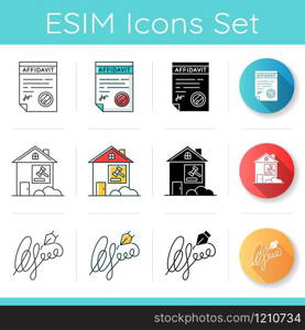 Notary services icons set. Apostille and legalization. Legal document. Affidavit. Signature. Lease dispute. Real estate litigation. Linear, black and RGB color styles. Isolated vector illustrations