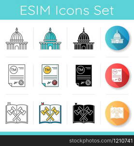 Notary services icons set. Apostille and legalization. Notarized document. Trademark certificate. Legal code, statute. Supreme court. Linear, black and RGB color styles. Isolated vector illustrations