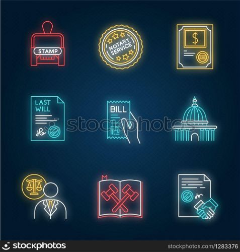 Notary services neon light icons set. Apostille and document legalization. Stock certificate. Bill. Supreme court. Legal code. Signs with outer glowing effect. Vector isolated RGB color illustrations