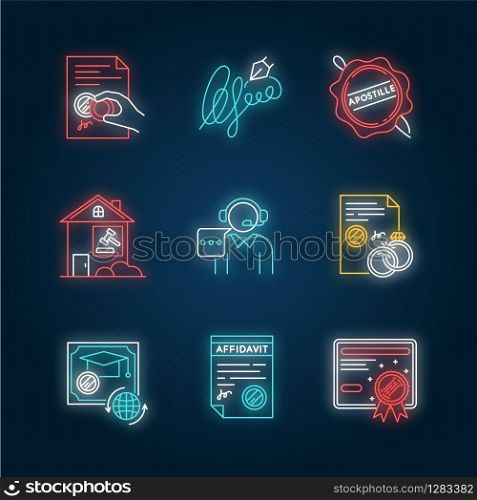 Notary services neon light icons set. Apostille and legalization. Legal document. Signature, stamp. Call center. Certificate. Signs with outer glowing effect. Vector isolated RGB color illustrations