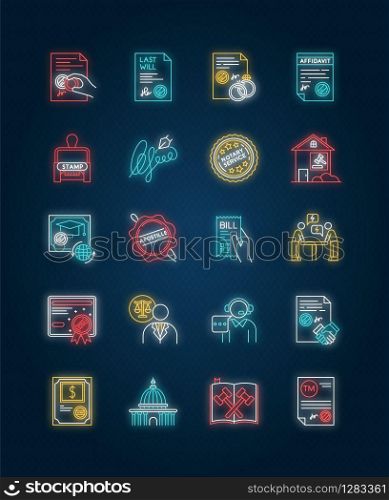 Notary services neon light icons set. Apostille and legalization. Notarized documents. Notarization. Legal paper. Signs with outer glowing effect. Vector isolated RGB color illustrations