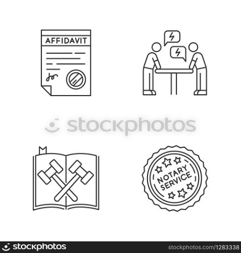 Notary services pixel perfect linear icons set. Affidavit. Legal code. Negotiation. Argument. Conflict. Customizable thin line contour symbols. Isolated vector outline illustrations. Editable stroke