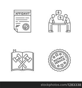 Notary services pixel perfect linear icons set. Affidavit. Legal code. Negotiation. Argument. Conflict. Customizable thin line contour symbols. Isolated vector outline illustrations. Editable stroke