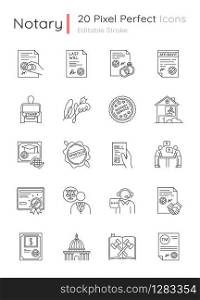 Notary services pixel perfect linear icons set. Apostille and legalization. Legal documents. Stamps. Customizable thin line contour symbols. Isolated vector outline illustrations. Editable stroke