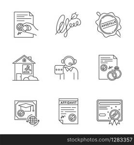 Notary services pixel perfect linear icons set. Certificate. Affidavit. Diploma. Signature. Call center. Customizable thin line contour symbols. Isolated vector outline illustrations. Editable stroke