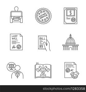 Notary services pixel perfect linear icons set. Stock certificate. Supreme court. Statute. Last will. Customizable thin line contour symbols. Isolated vector outline illustrations. Editable stroke